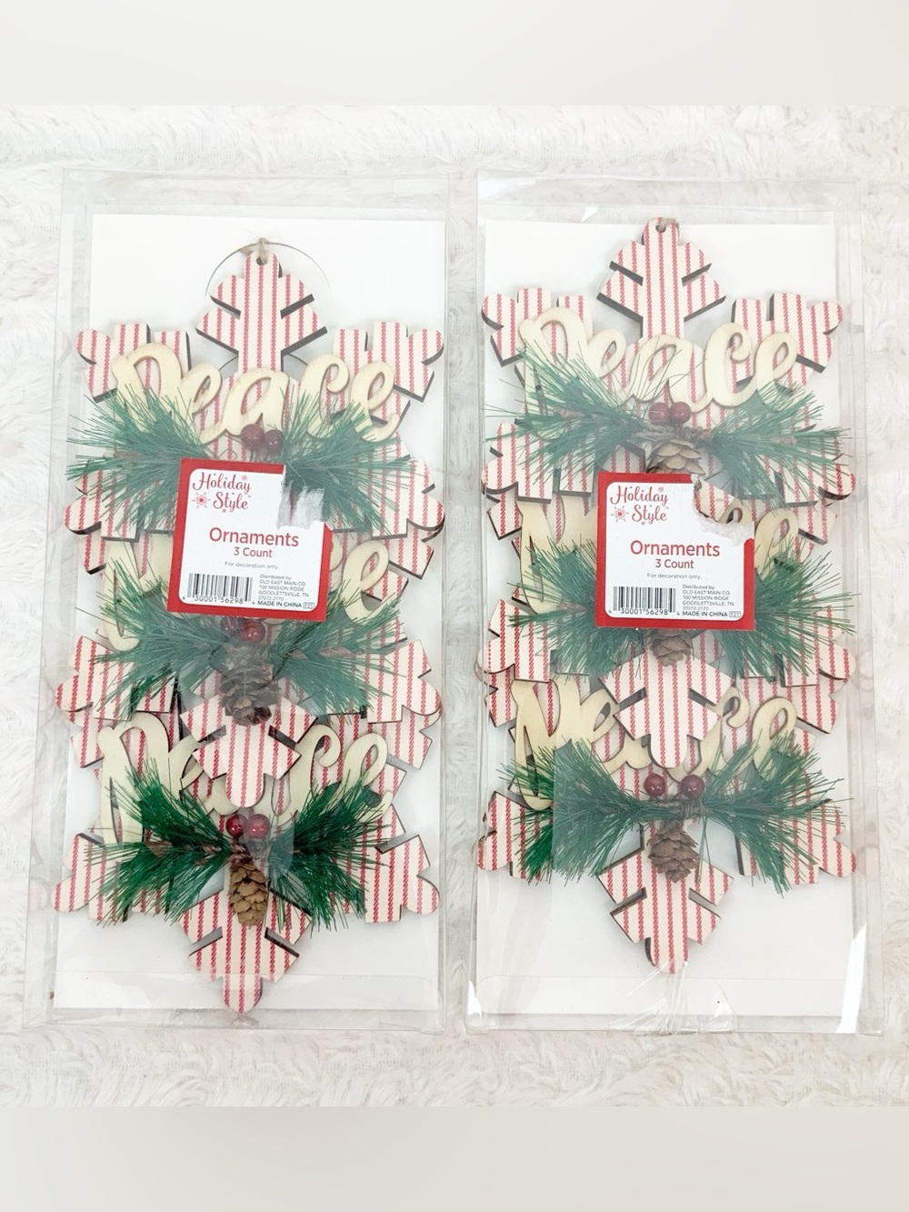 Holiday Style 6 Wood Snowflake Christmas Ornaments Striped Peace Pinecones